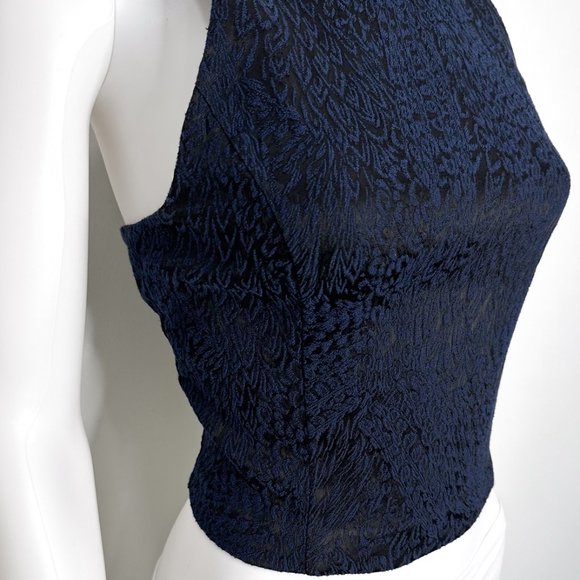 Intermix Embossed Textured High Neck Princess Seam Crop Blouse Top Navy Black - Picture 8 of 12